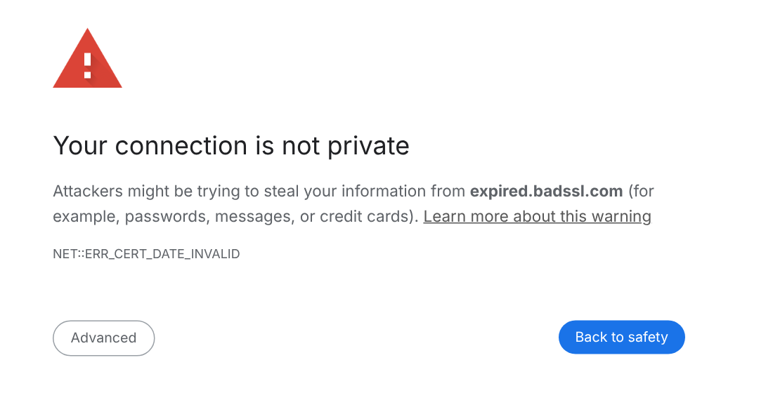 Esempio dell'avviso del browser: la connessione non è privata